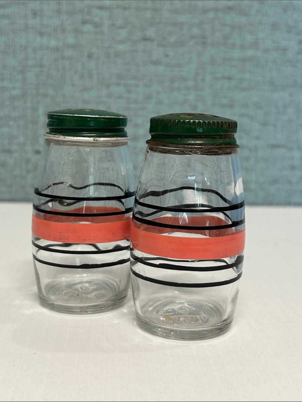 Vintage Pink & Black Striped Glass Salt & Pepper Shakers Green Metal Lids